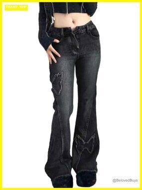 Women's Petite Flare Jeans Low Rise Denim Distressed Baggy Pants